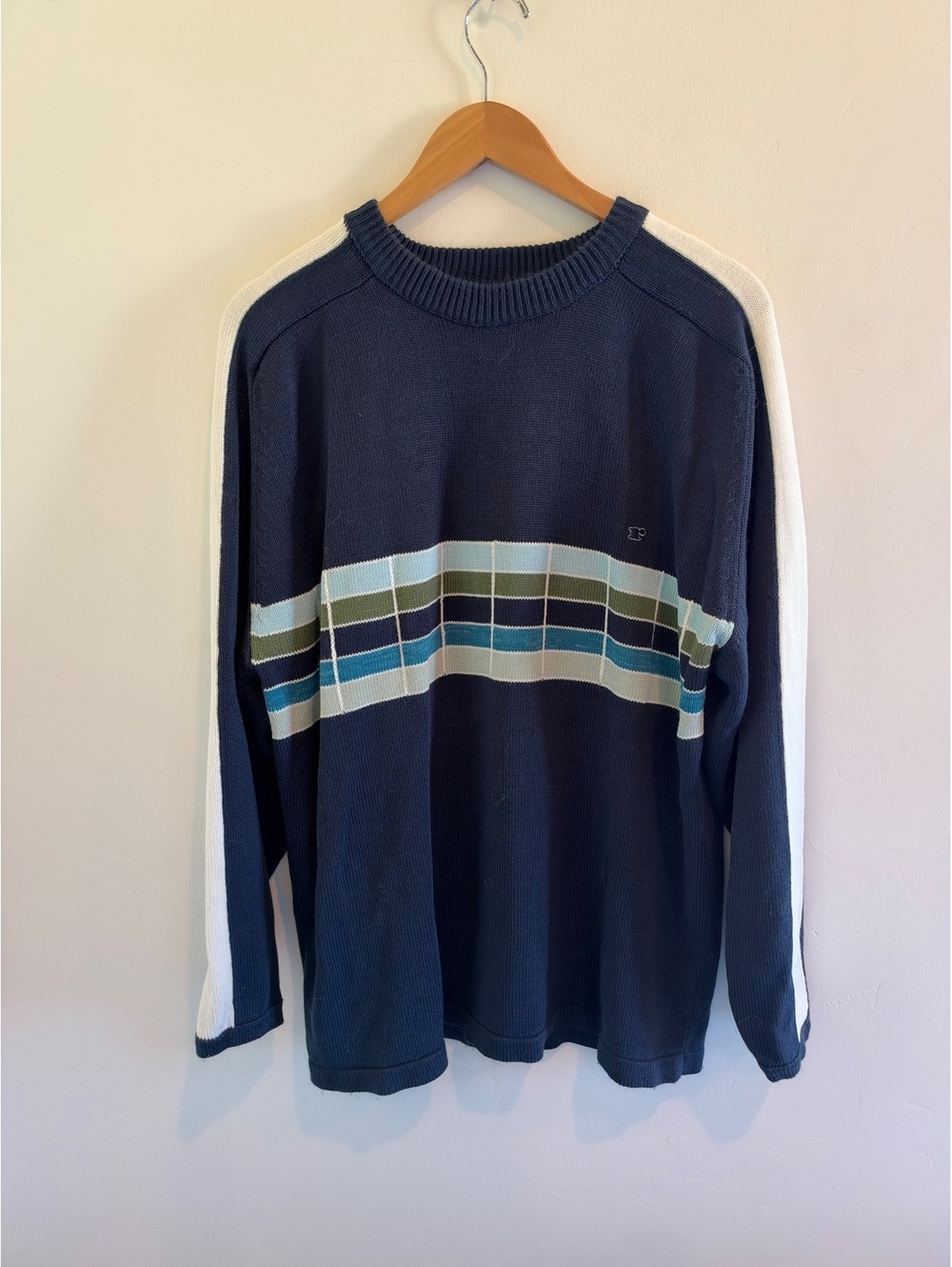 Red Sand Men’s Large Navy Striped Knit Crewneck Sweater Retro Y2K